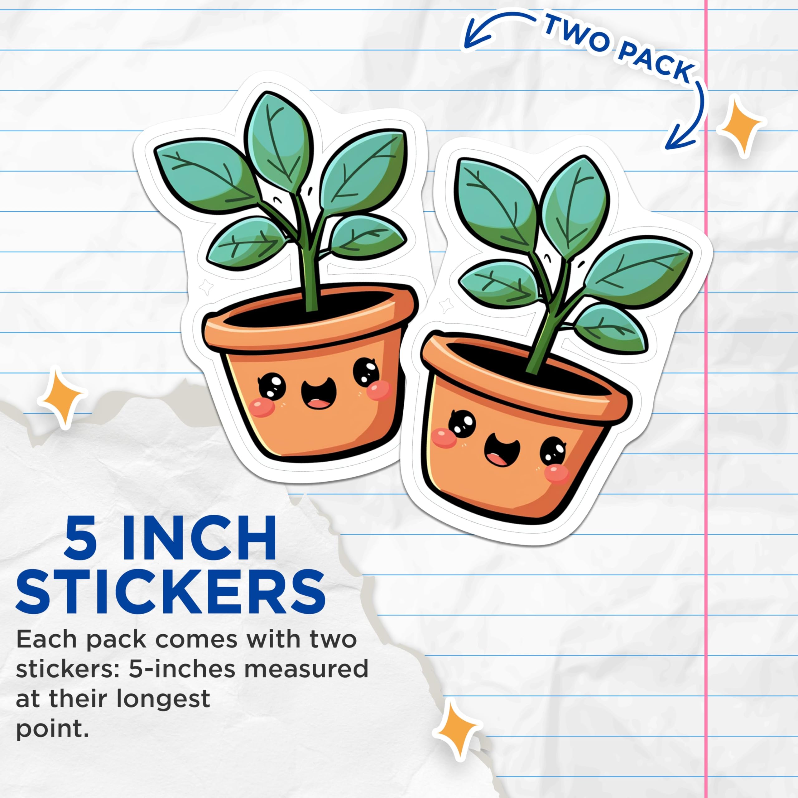 (2 Pack) Cute Plant Pot Stickers - Kawaii Plant Stickers - Adorable Plant Pottery Stickers - 5" On Longest Side - Sticks to Smooth Flat Surfaces - Made in USA - BMCS4272