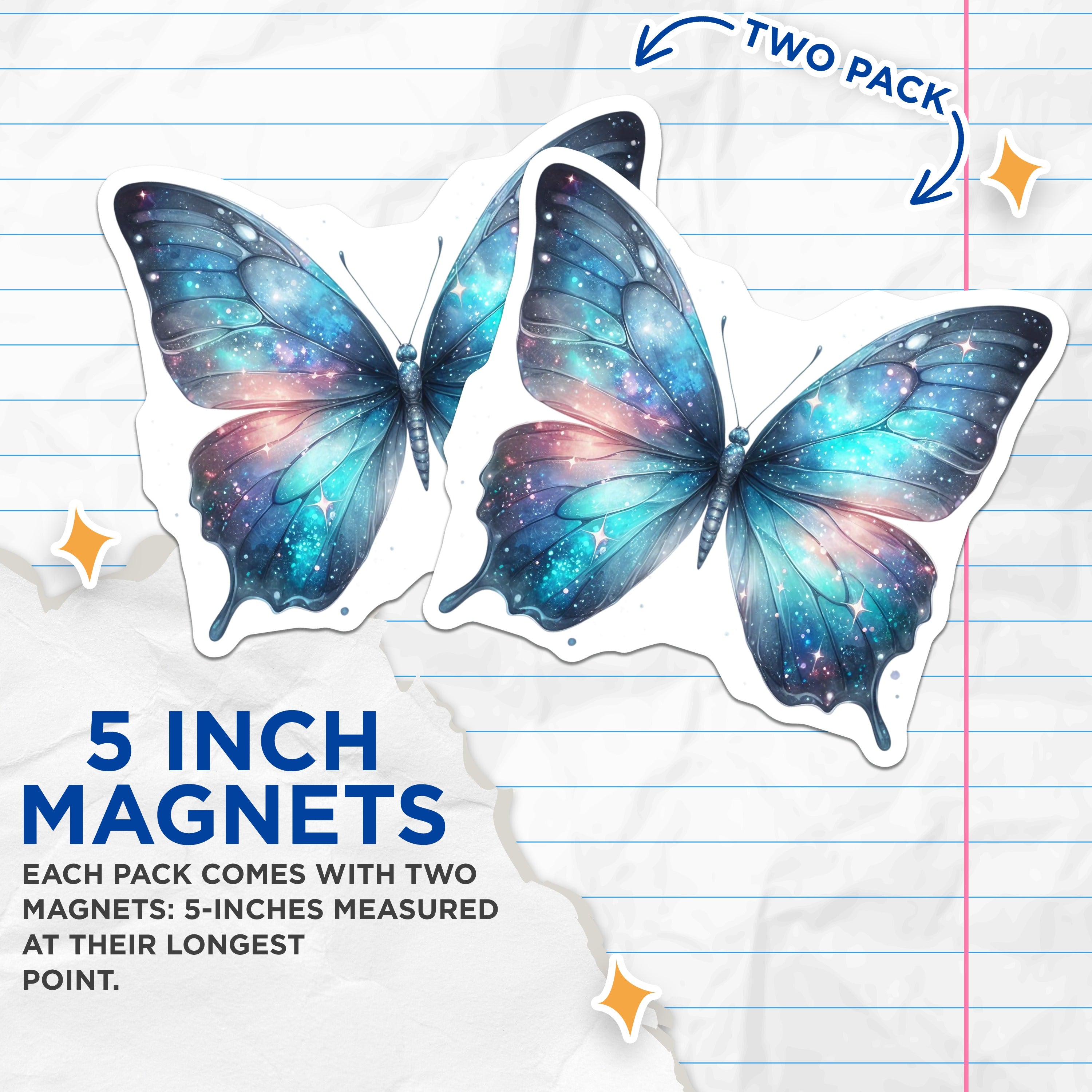 (2 Pack) Galaxy Butterfly Magnets - Celestial Space Decor - Whimsical Refrigerator Art - 5 Inches On Longest Side - Thick Durable Magnet - Made in USA - MAG36223