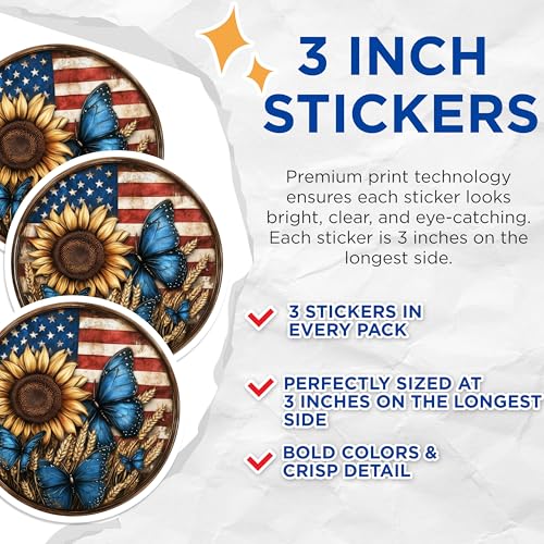 (3 Pack) Butterfly American Flag Decals - Sunflower Laptop Decal - Country Pride Stickers - 3 Inches On Longest Side - Easy Peel & Apply - Made in USA - 3MCS0042