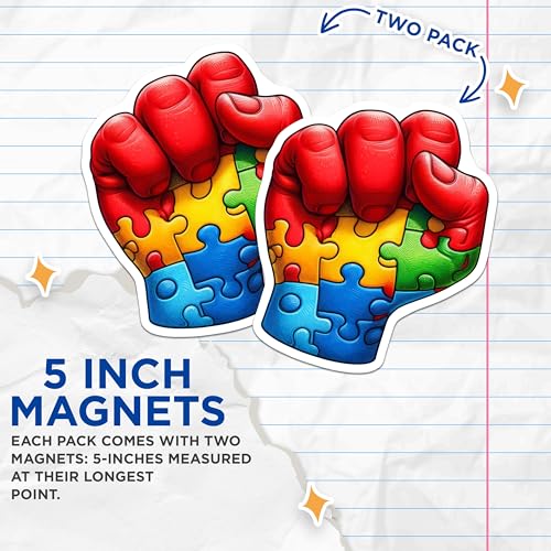 (2 Pack) Autism Awareness Fist Magnets - Puzzle Piece Raised Fist - Advocacy Decor - Symbol of Unity - 5" On Longest Side - for Cars, Fridges, Toolboxes - Made in USA - MAG7097