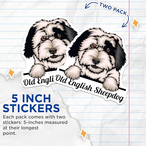 (2 Pack) Old English Sheepdog Stickers - Dog Lover Stickers - Cute Pet Stickers - 5" On Longest Side - Sticks to Smooth Flat Surfaces - Made in USA - BMCS4231