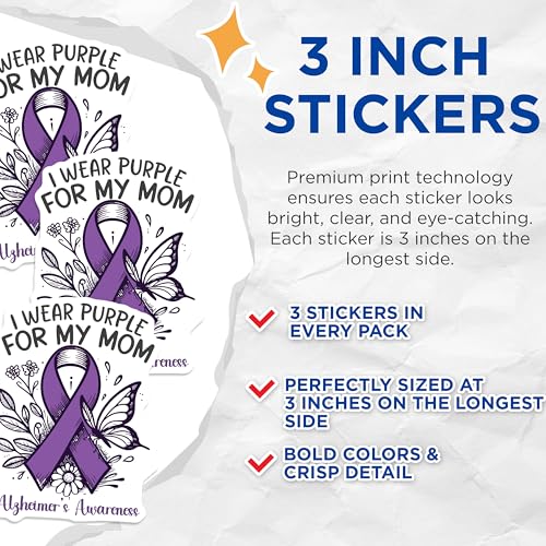 (3 Pack) Alzheimer's Decals - Purple Awareness Ribbon - Mom Support Decal - 3 Inches On Longest Side - Easy Peel & Apply - Made in USA - 3MCS4730