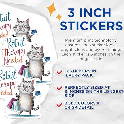 (3 Pack) Retail Therapy Cat Decals - Funny Shopping Sticker - Grumpy Cat Laptop Decal - 3 Inches On Longest Side - Easy Peel & Apply - Made in USA - 3MCS7320