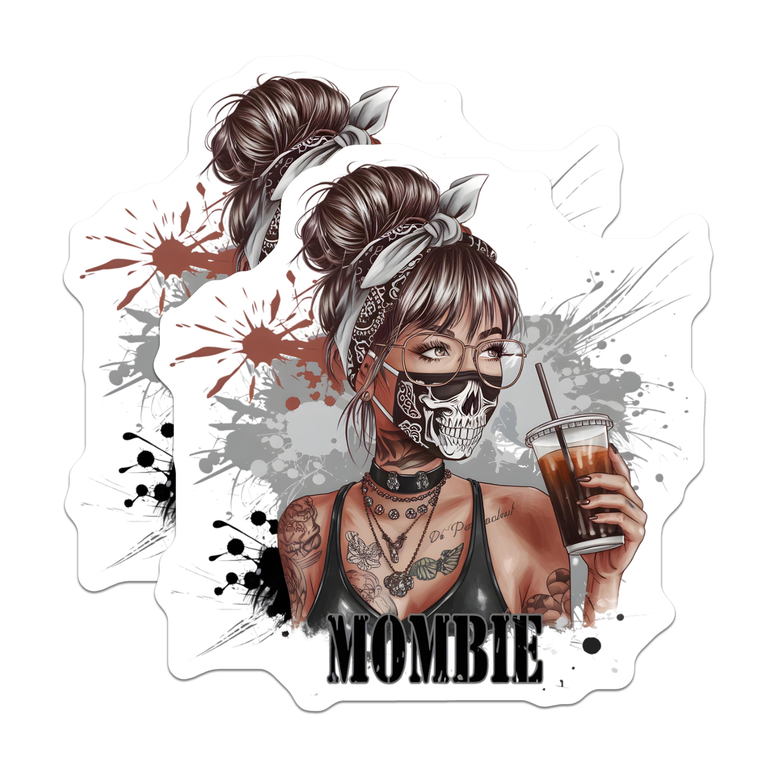 (2 Pack) Mombie Skull Mask Magnets - Messy Bun Glasses Coffee Mama - Tattooed Woman Grunge Refrigerator Art Decor - 5 Inches On Longest Side - Thick Durable Magnet - Made in USA - MAG23040