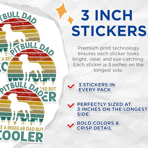(3 Pack) Pitbull Dad Decals - Dog Lover - Retro Pitbull Decal - 3 Inches On Longest Side - Easy Peel & Apply - Made in USA - 3MCS1259