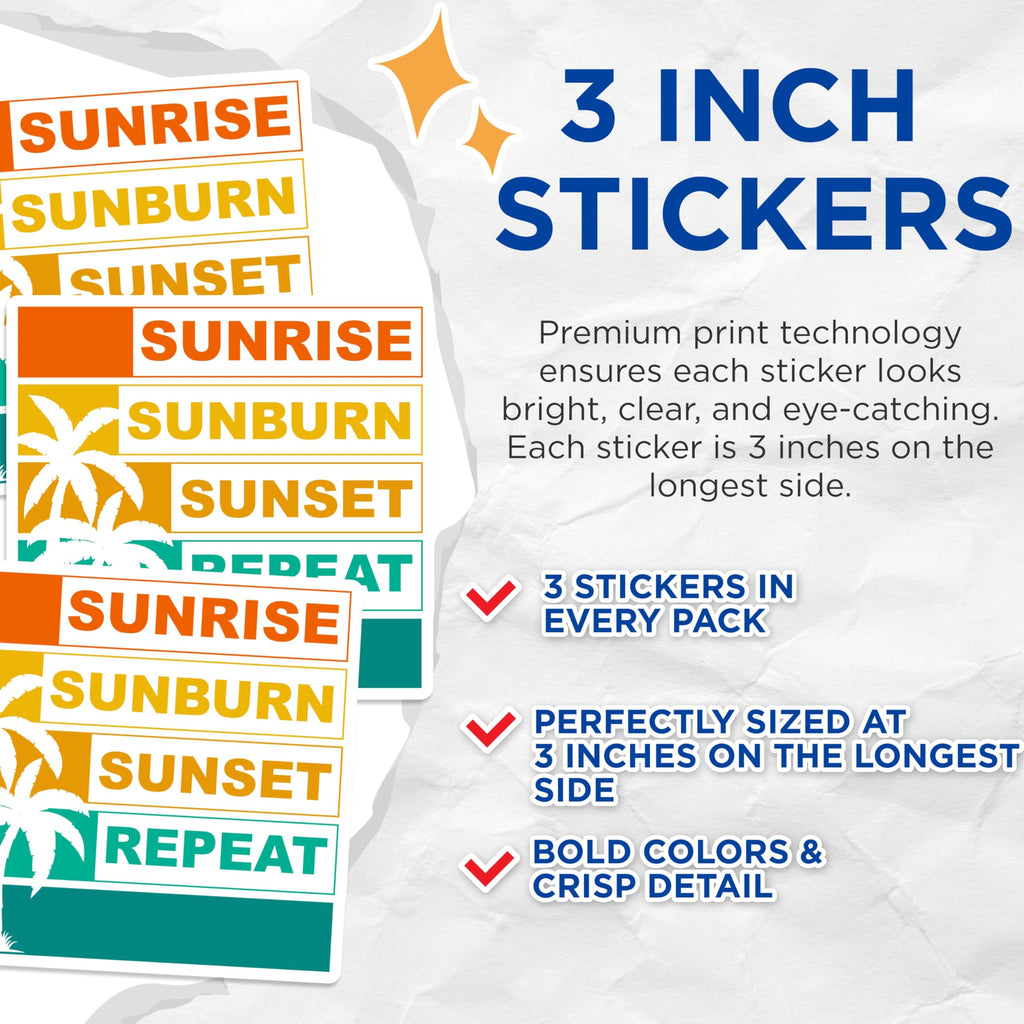 (3 Pack) Sunrise Sunburn Repeat Decals - Vacation Laptop - Tropical Decals - 3 Inches On Longest Side - Easy Peel & Apply - Made in USA - 3MCS4102