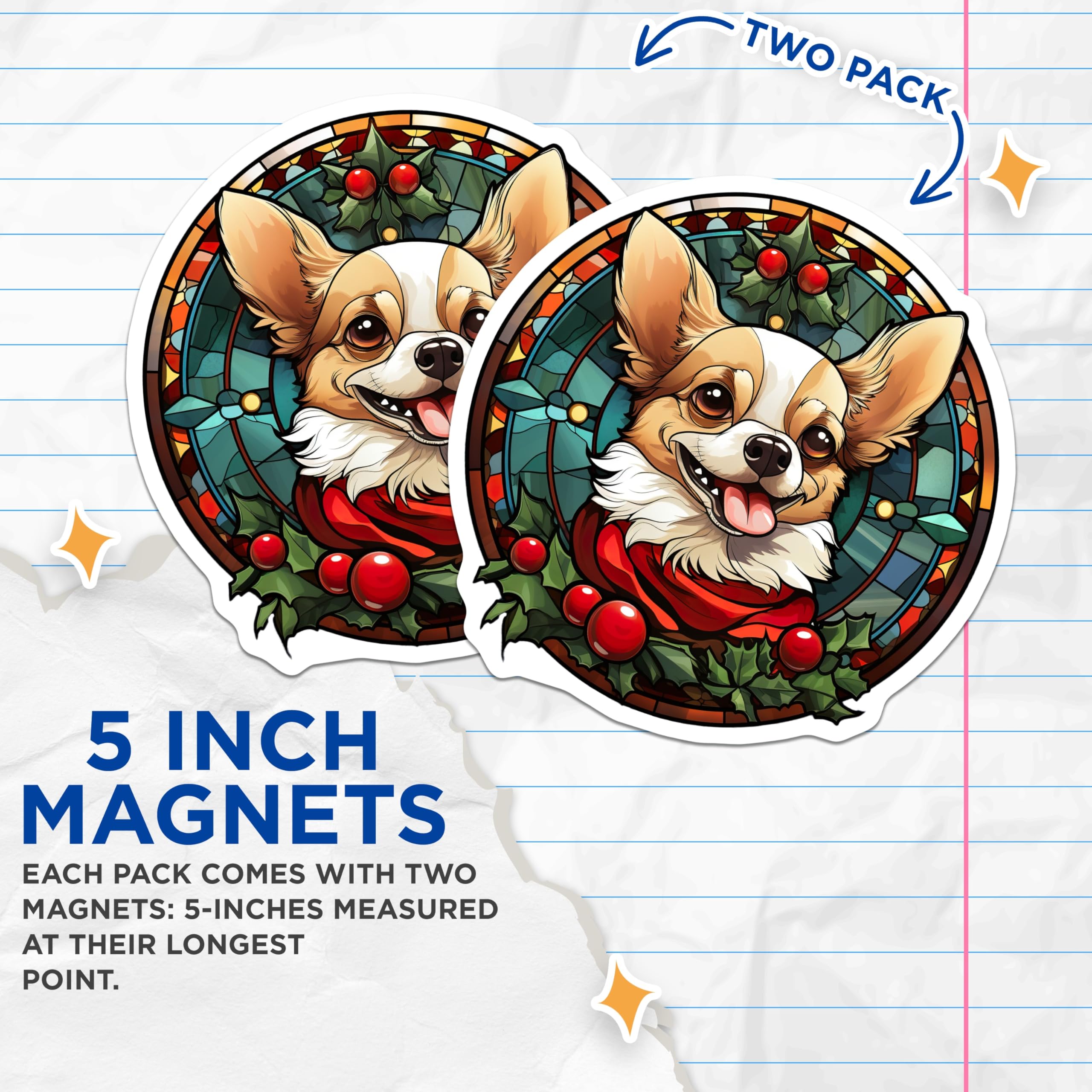 (2 Pack) Christmas Chihuahua Magnets - Stained Glass Dog - Holiday Pet Decor Accent - 5 Inches On Longest Side - Thick Durable Magnet - Made in USA - MAG28559