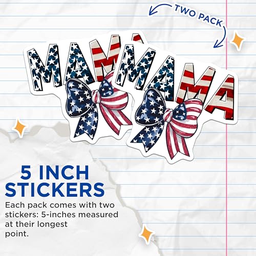 (2 Pack) Mama Stickers - Patriotic Theme - Bow Design - 5" On Longest Side - Sticks to Smooth Flat Surfaces - Made in USA - BMCS7703