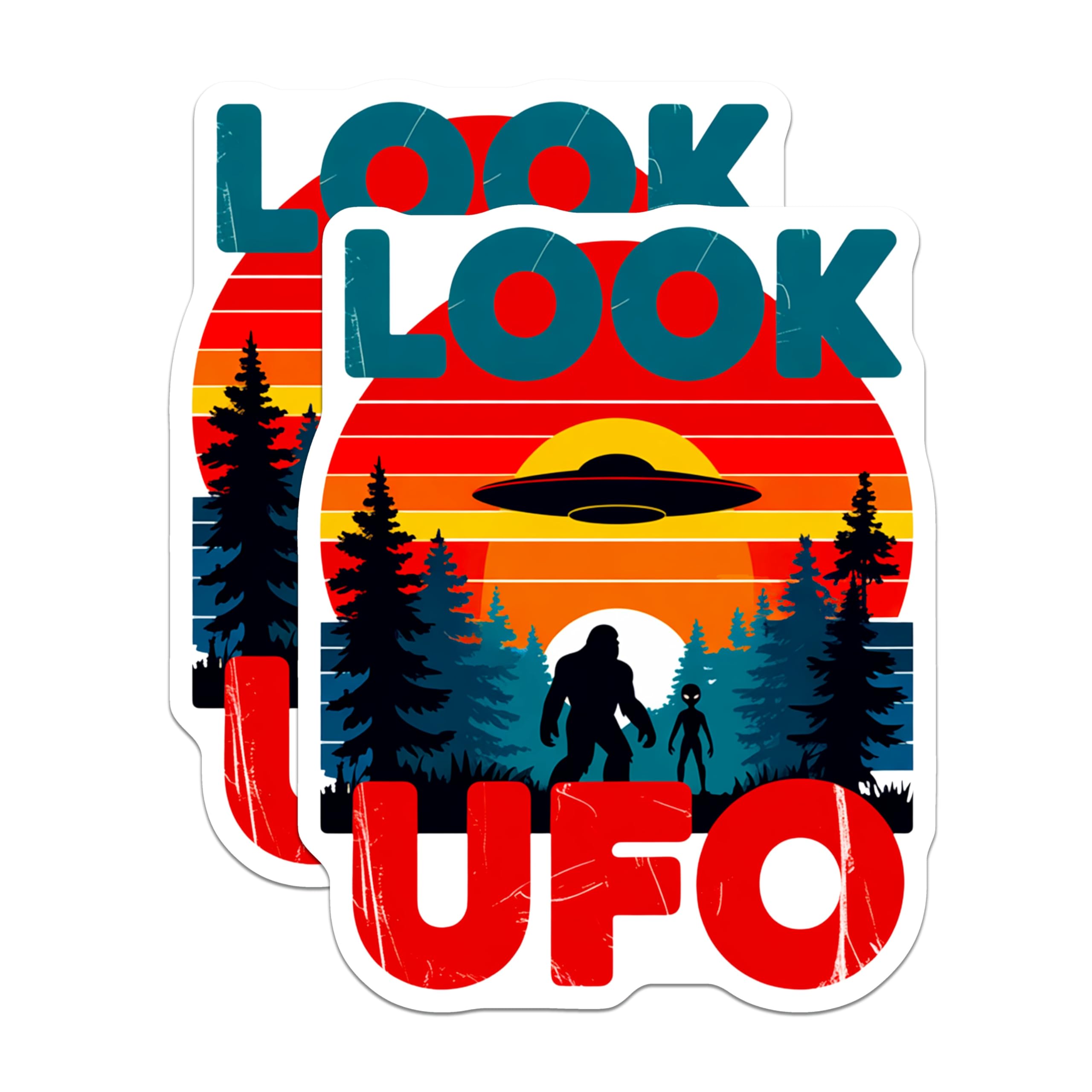 (2 Pack) UFO Bigfoot Alien Magnets - Retro Sunset Forest Encounter - SciFi Cryptozoology Artwork - 5 Inches On Longest Side - Thick Durable Magnet - Made in USA - MAG22871
