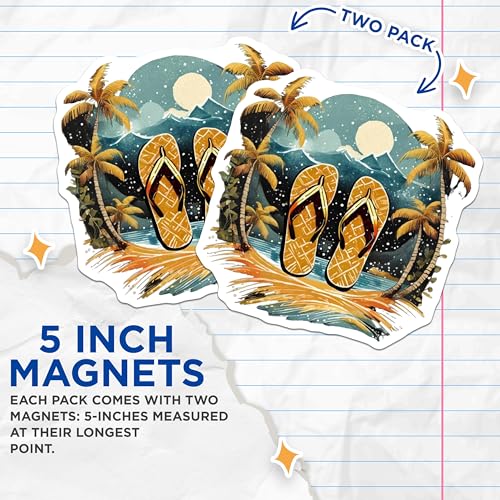 (2 Pack) Flip Flop Beach Magnets Magnets - Tropical Island Scenery - 5" On Longest Side - Made in USA - Sticks to Refrigerators & Metal Surfaces - MAG9325