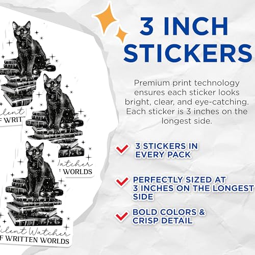 (3 Pack) Black Cat Decals - Stack of Books Sticker - Gothic Laptop Decals - 3 Inches On Longest Side - Easy Peel & Apply - Made in USA - 3MCS2340
