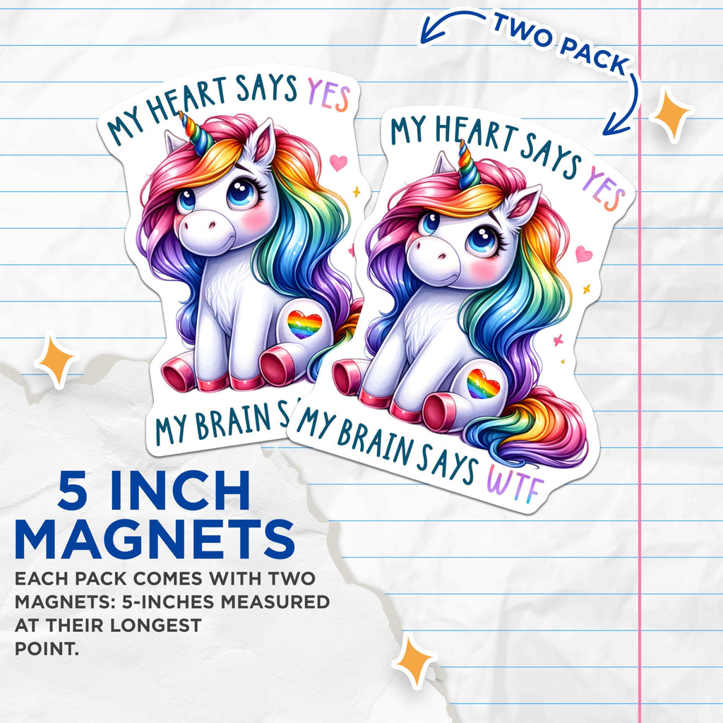 (2 Pack) My Heart Says Yes Magnets - Unicorn Rainbow Magnets - Cute Unicorn Magnets for Kids and Teens - 5" On Longest Side - for Cars, Refrigerators, Toolboxes, Lockers - Made in USA BMCS3342