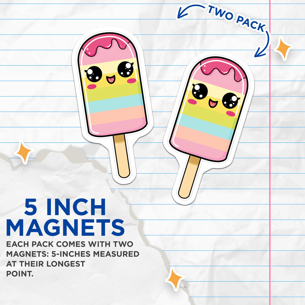 (2 Pack) Kawaii Ice Cream Magnets - Rainbow Popsicle Decor - Cute Food Aesthetic for Kids Teens Fridge - 5 Inches On Longest Side - Thick Durable Magnet - Made in USA - MAG39343