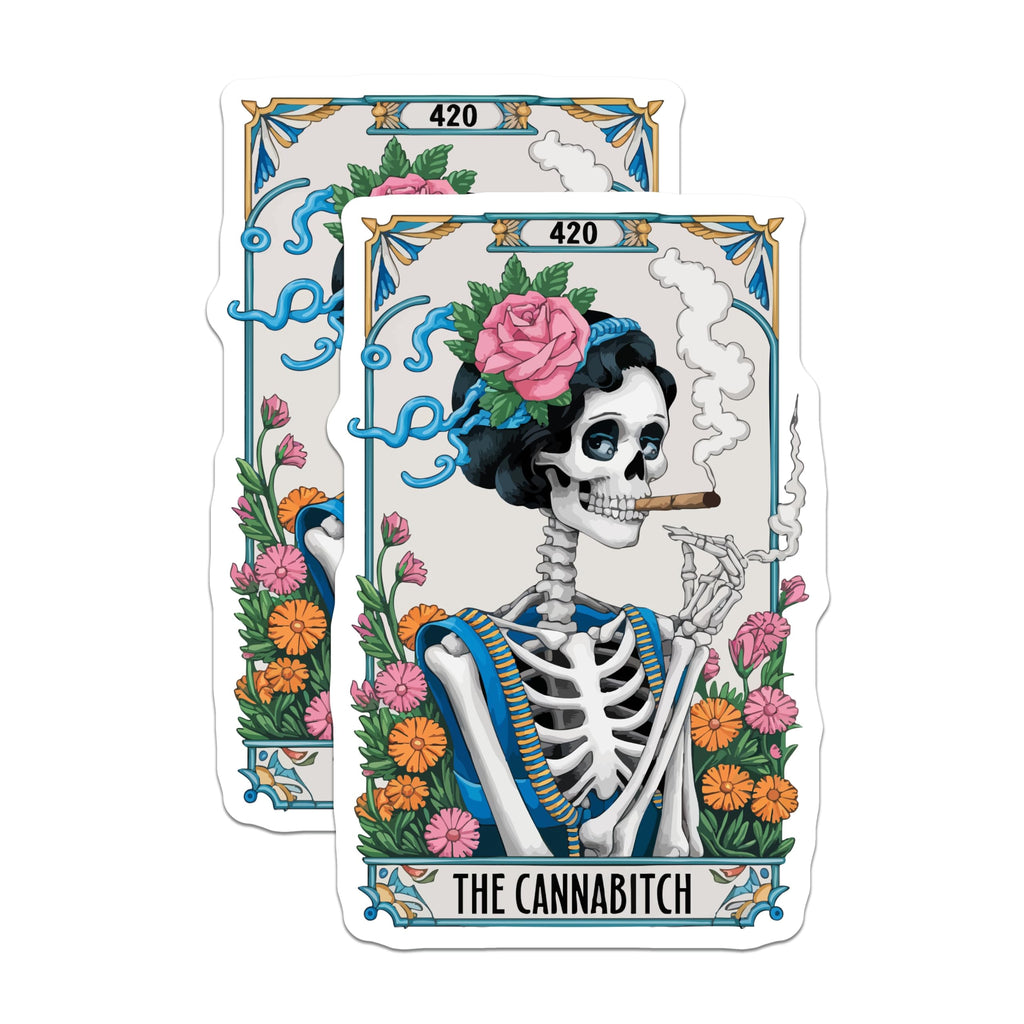 (2 Pack) Cannabitch Skeleton Magnets - 420 Marijuana Culture Art - Dia de Los Muertos Smoker Decor - 5 Inches On Longest Side - Thick Durable Magnet - Made in USA - MAG22824