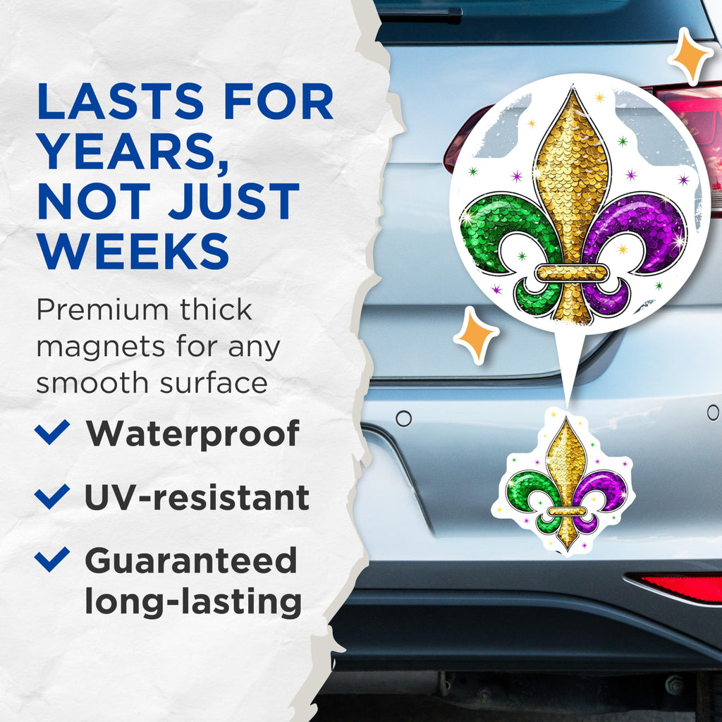 (2 Pack) Fleur De Lis Magnets - Mardi Gras Symbol - Celebration Magnets - 5" On Longest Side - Premium Magnet - for Cars, Refrigerators, Toolboxes, Lockers - Made in USA - MAG16172