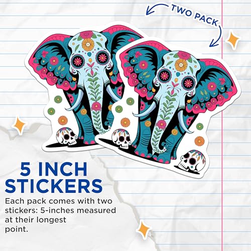 (2 Pack) Elephant Sugar Skull Stickers - Day of The Dead - Colorful Floral Design - 5" On Longest Side - Sticks to Smooth Flat Surfaces - Made in USA - BMCS9464
