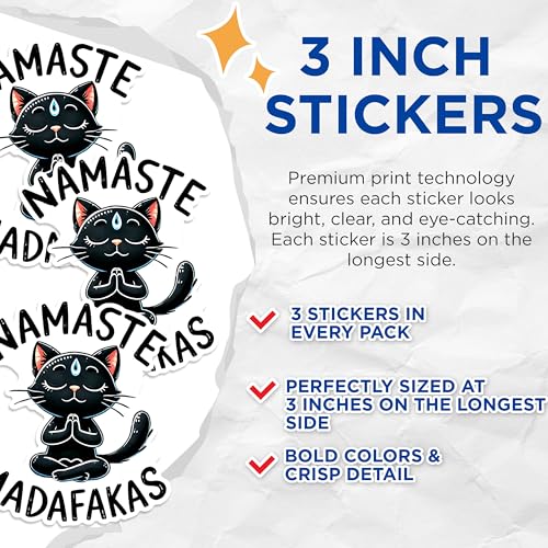 (3 Pack) Funny Yoga Cat Decals - Namaste Madakakas - Laptop Stickers - 3 Inches On Longest Side - Easy Peel & Apply - Made in USA - 3MCS1294