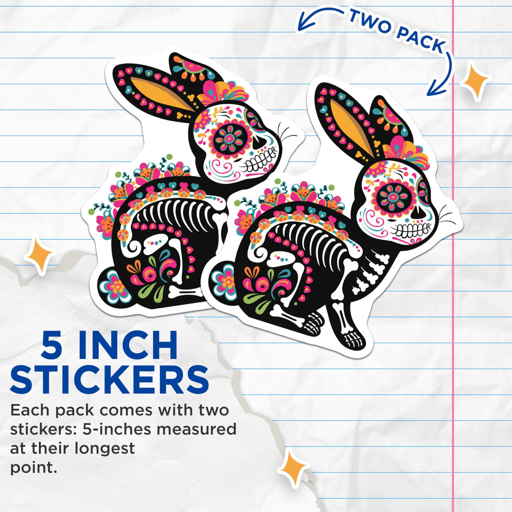 (2 Pack) Day of The Dead Bunny Stickers - Sugar Skull Rabbit Decoration - Dia de Los Muertos Art - 5" On Longest Side - Sticks to Smooth Flat Surfaces - Made in USA - BMCS9466