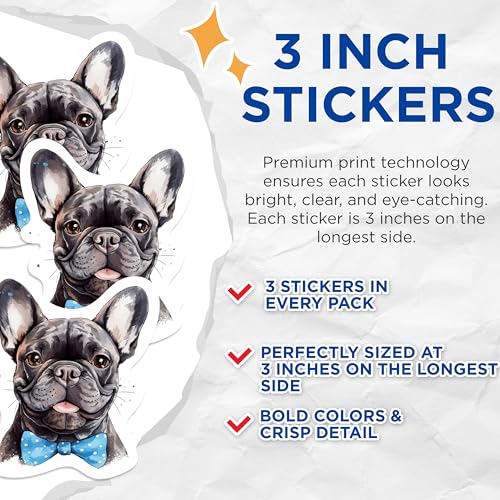 (3 Pack) French Bulldog Decals - Watercolor Dog Art - Cute Puppy Decals - 3 Inches On Longest Side - Easy Peel & Apply - Made in USA - 3MCS1058
