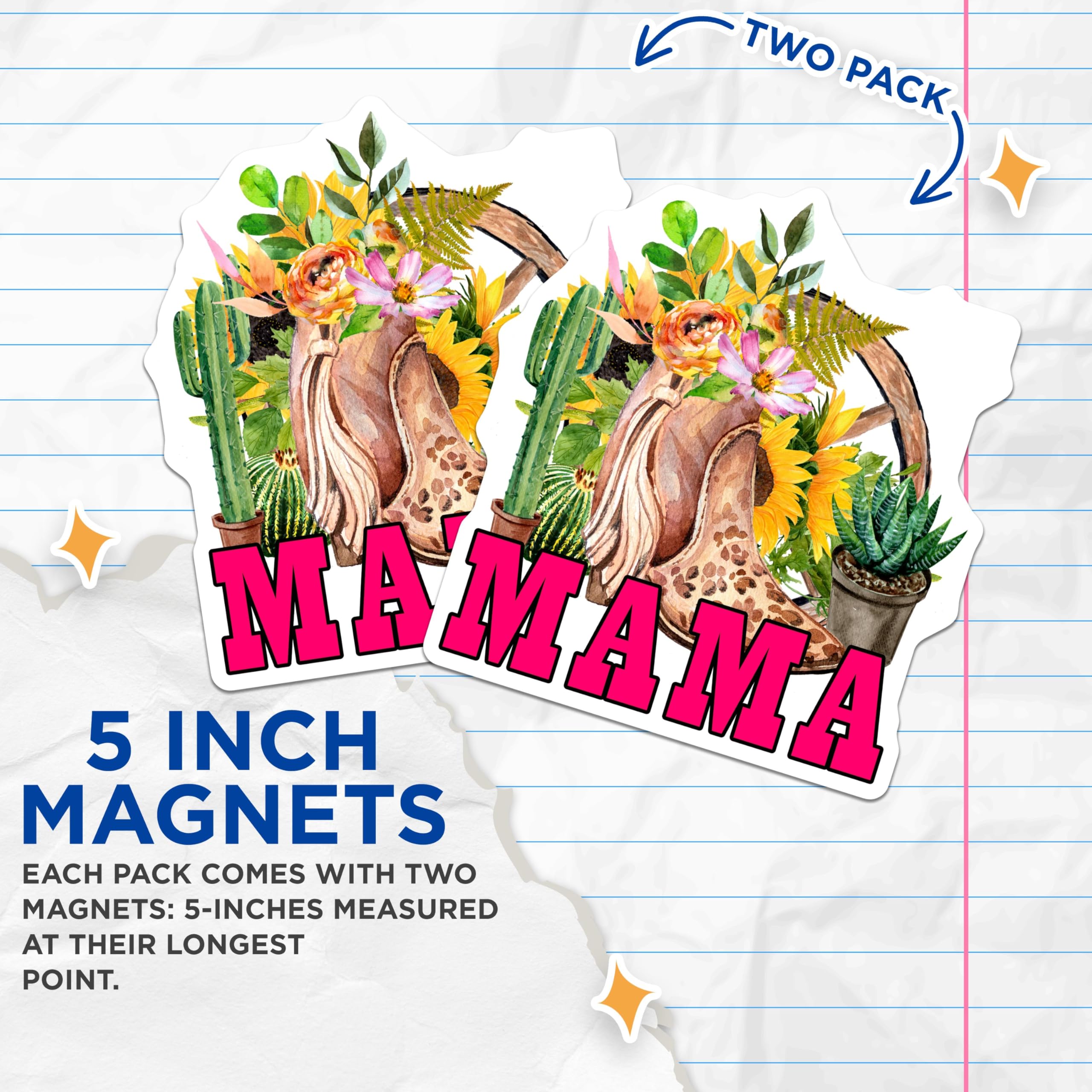 (2 Pack) Mama Magnets - Floral Design - Succulent and Cactus Decor - Western Cowgirl Boots Magnet - 5" On Longest Side - for Cars, Fridges, Toolboxes - Made in USA - MAG5619