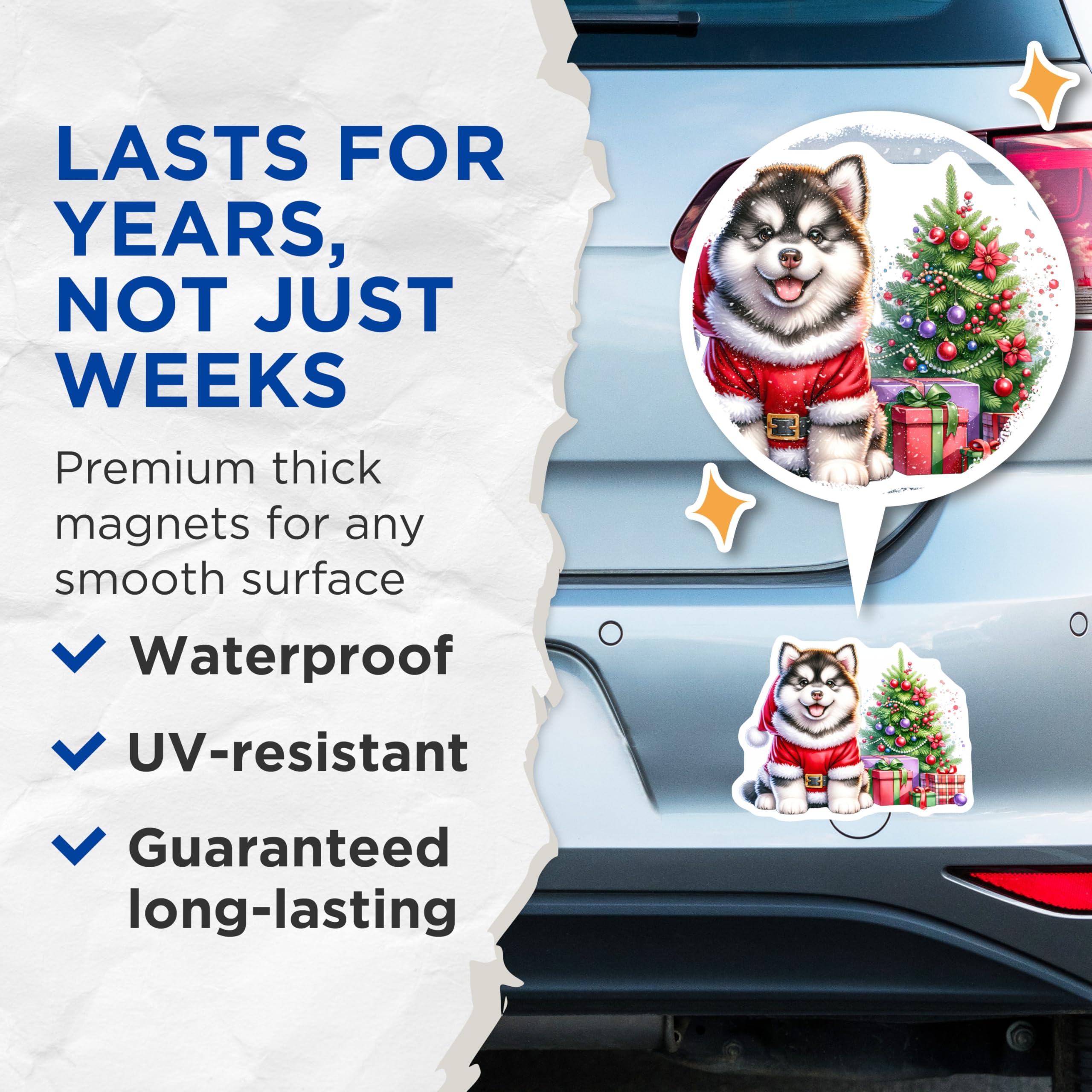 (2 Pack) Cute Puppy Christmas Magnets - Santa Dog Holiday Decor - Husky Malamute Lover - Refrigerator Kitchen Home Decoration - 5 Inches On Longest Side - Thick Durable Magnet - Made in USA - MAG30531