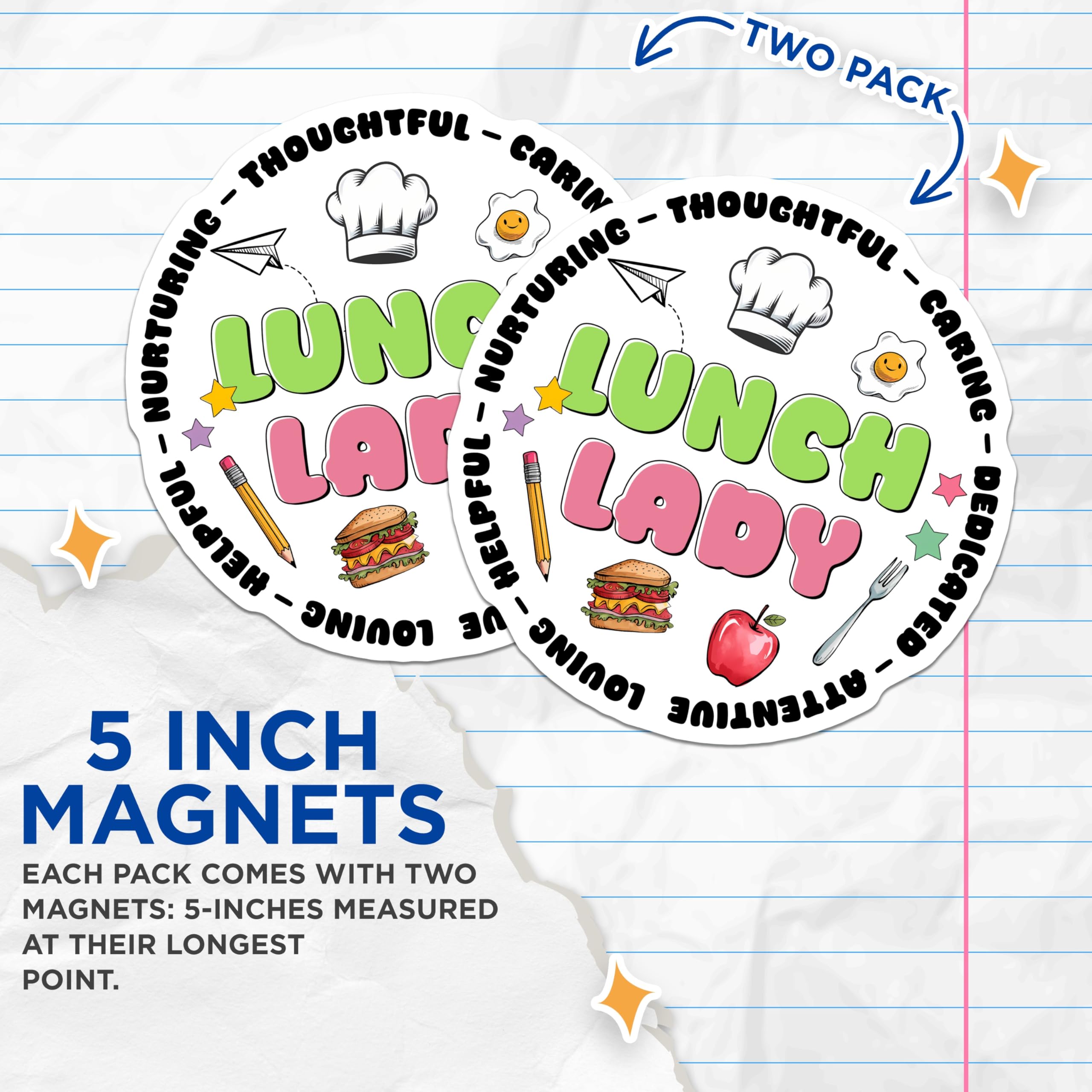 (2 Pack) Lunch Lady Magnets - School Cafeteria Decor - Appreciation - 5" On Longest Side - Sticks to Smooth Flat Surfaces - Made in USA - MAG10610