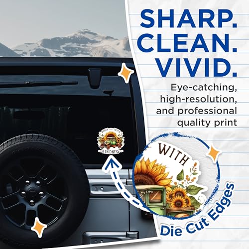 (2 Pack) Begin with Kindness Stickers - Sunflower Truck Stickers - Inspirational Quote Stickers - 5" On Longest Side - Sticks to Any Smooth Flat Surface - Made in USA - BMCS2904