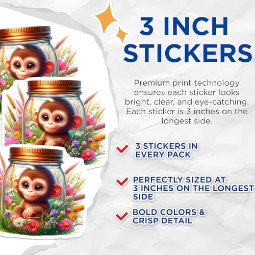 (3 Pack) Baby Monkey Decals - Cute Animal Art - Flower Garden Decor - 3 Inches On Longest Side - Easy Peel & Apply - Made in USA - 3MCS8147