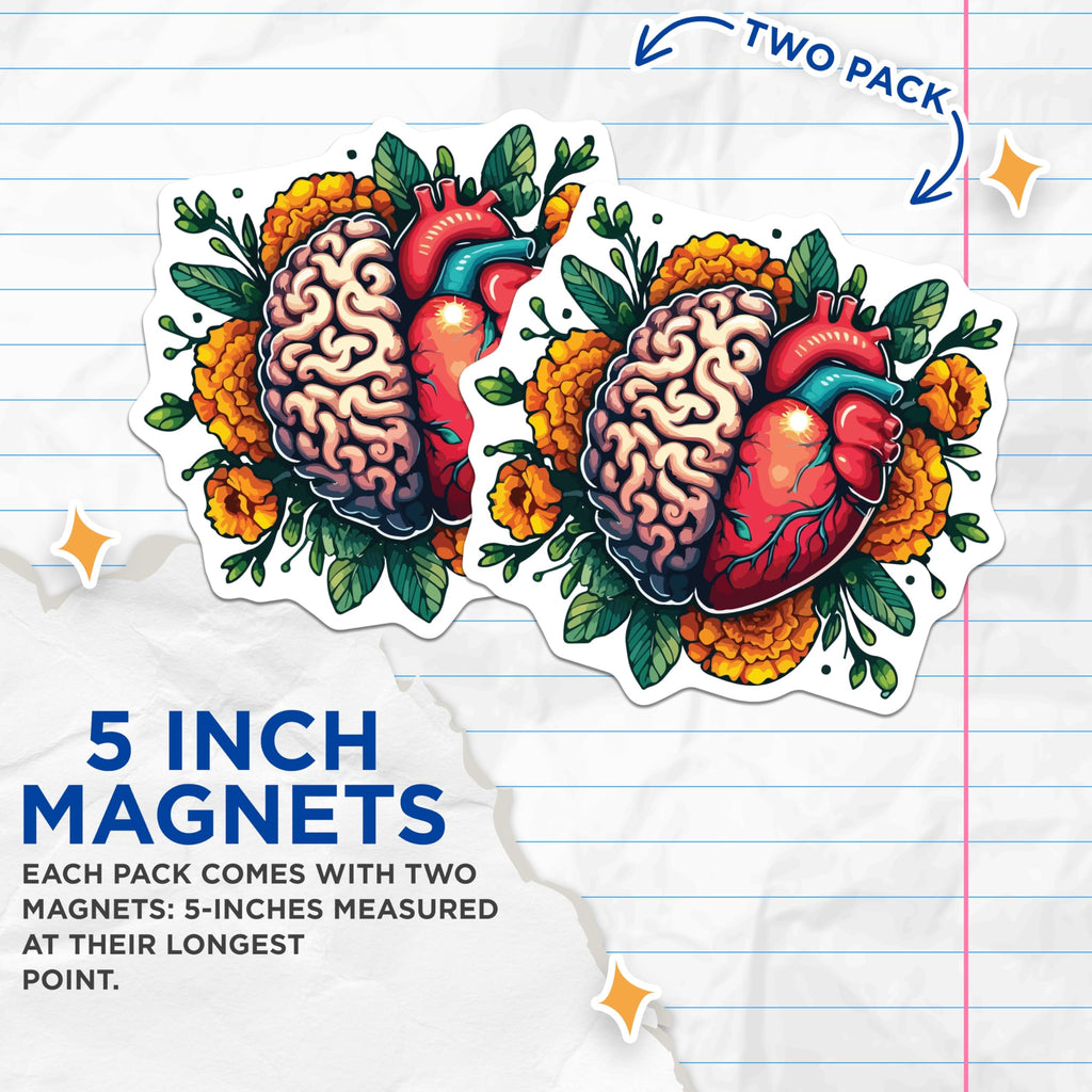 (2 Pack) Brain Heart Anatomy Magnets - Floral Mind Emotion Artistic Design - Psychological Body Organ Aesthetic Decor - 5 Inches On Longest Side - Thick Durable Magnet - Made in USA - MAG19835