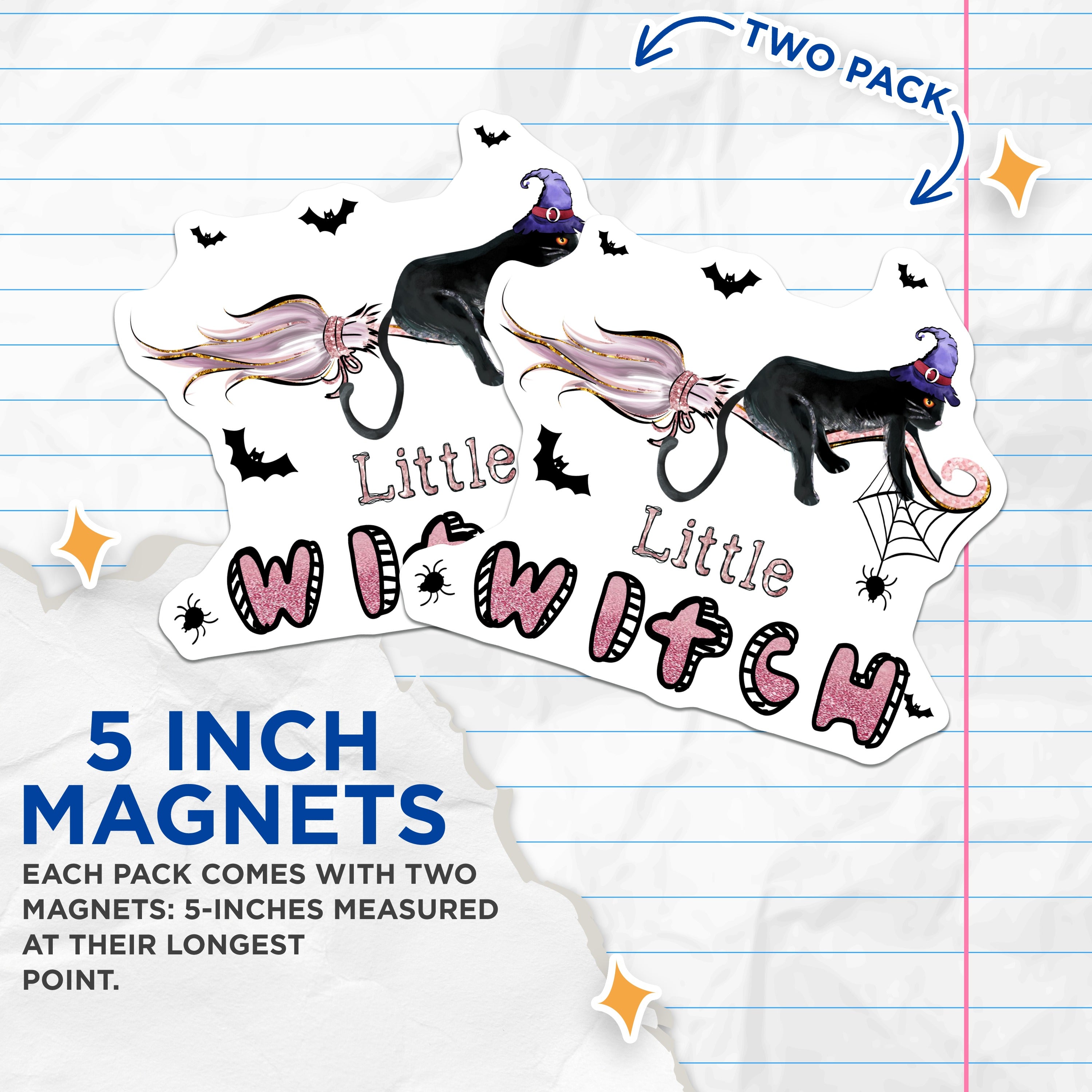 (2 Pack) Witchy Cat Magnets - Little Halloween Decor - Black Kitty Broomstick Ride - Pink Glitter Art - 5 Inches On Longest Side - Thick Durable Magnet - Made in USA - MAG36586