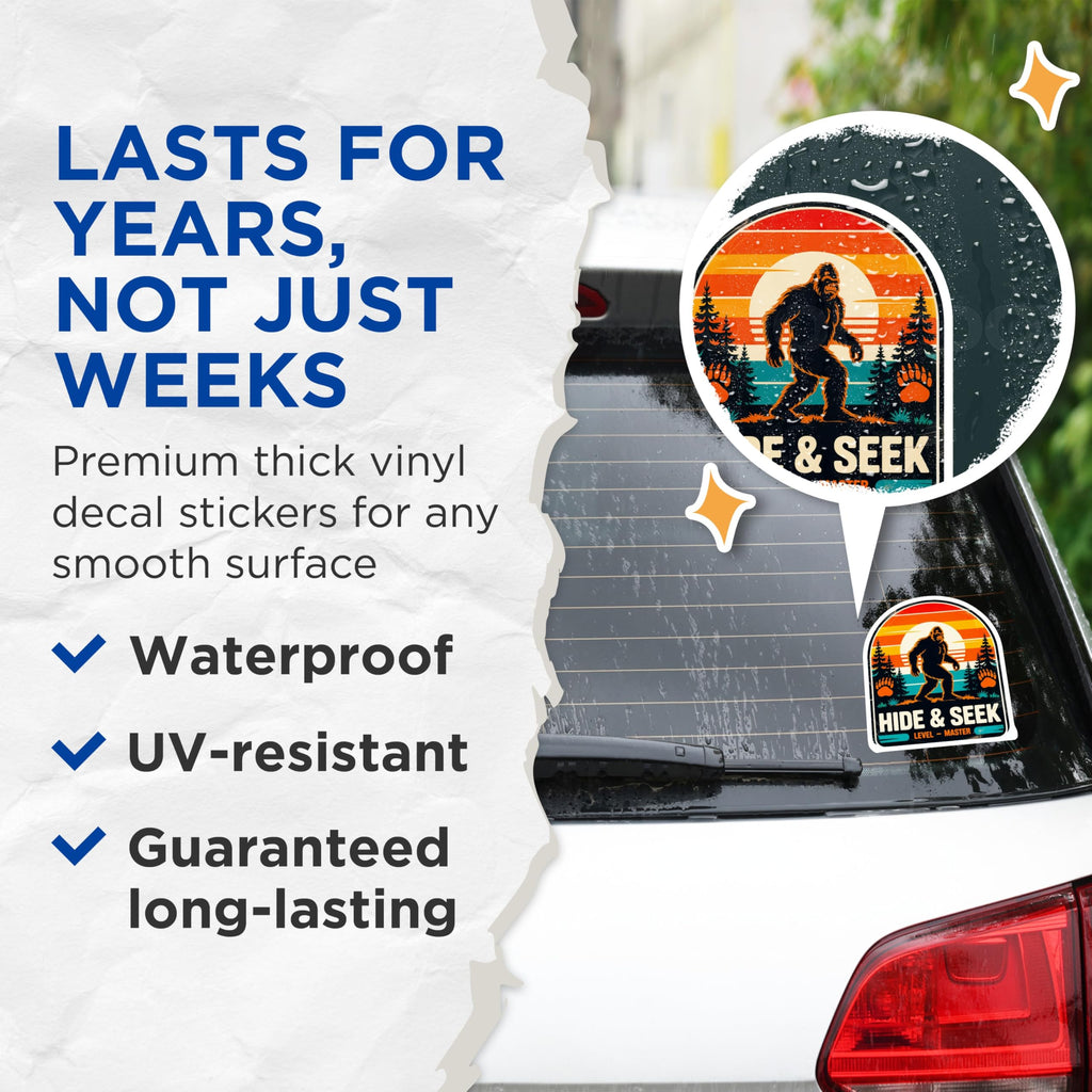 (2 Pack) Bigfoot Stickers - Sasquatch Legend - Cryptid Hunter - Hide Seek Master - Retro Outdoors Decal - 5" On Longest Side - Sticks to Smooth Flat Surfaces - Made in USA - BMCS21961