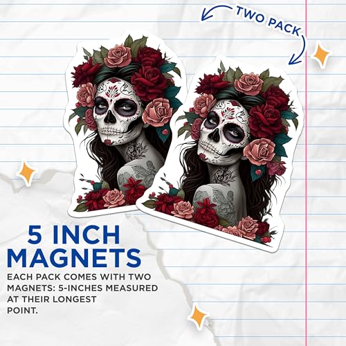 (2 Pack) Sugar Skull Woman Magnets Magnets - Day of The Dead Decoration - Floral Skull Art - 5" On Longest Side - Made in USA - Sticks to Refrigerators & Metal Surfaces - MAG9201