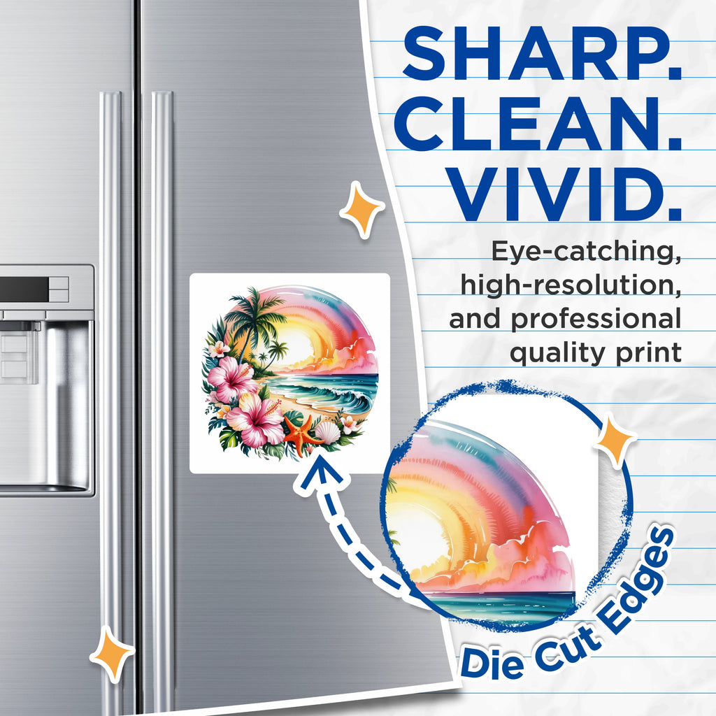 (2 Pack) Tropical Beach Scene Magnets - Watercolor Sunset Decor - Hawaiian Hibiscus Starfish Wave - 5 Inches On Longest Side - Thick Durable Magnet - Made in USA - MAG36480