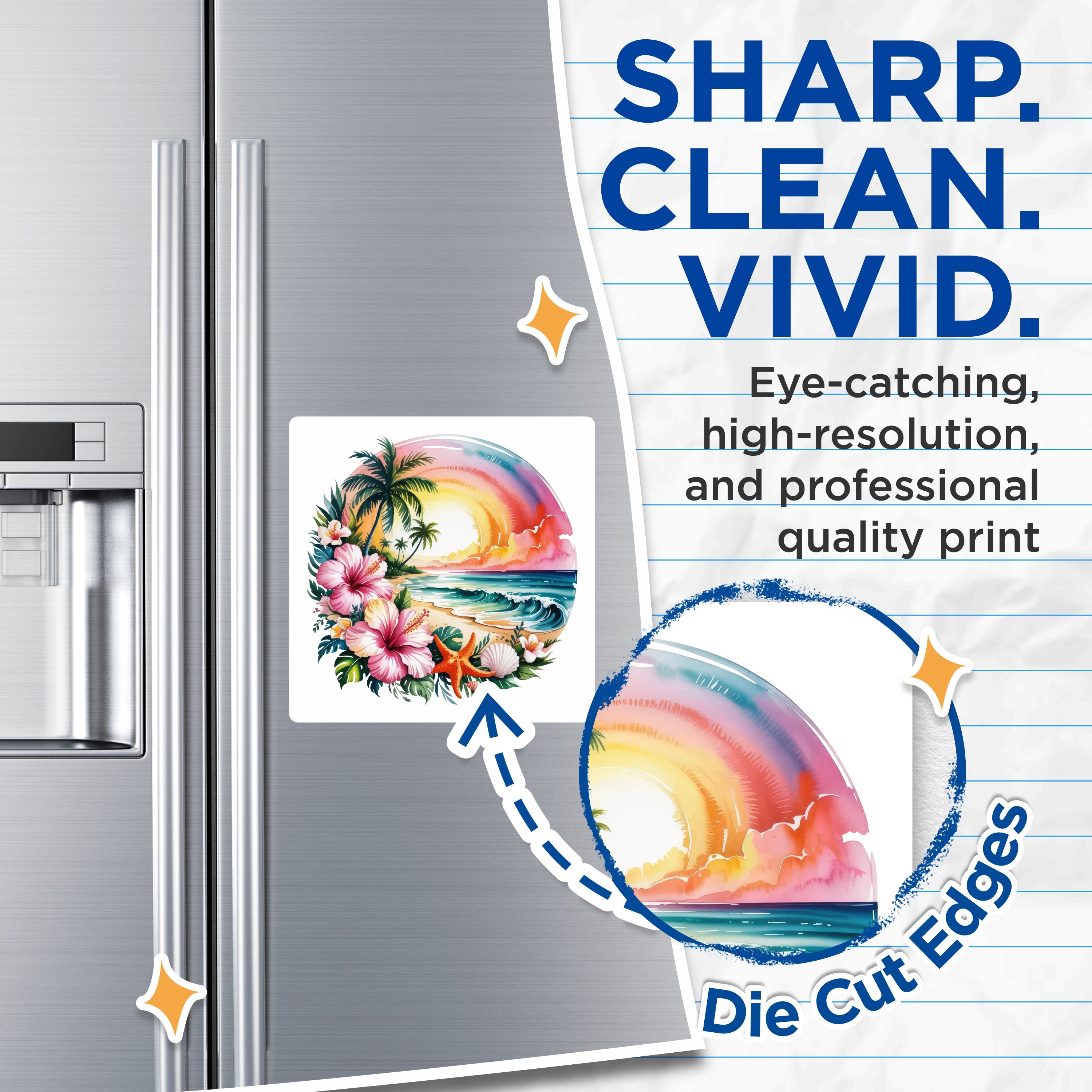 (2 Pack) Tropical Beach Scene Magnets - Watercolor Sunset Decor - Hawaiian Hibiscus Starfish Wave - 5 Inches On Longest Side - Thick Durable Magnet - Made in USA - MAG36480