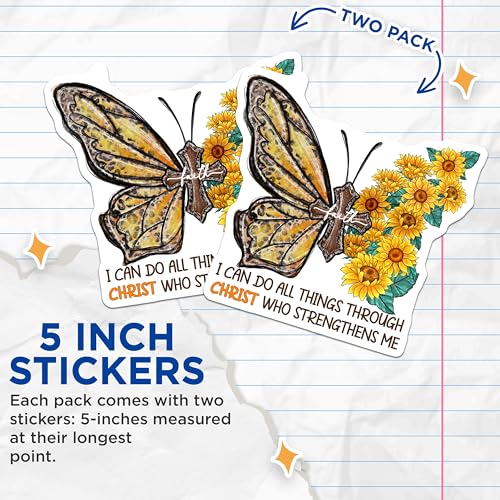 (2 Pack) Inspirational Faith Stickers - Religious Butterfly Stickers - Motivational Sunflower Stickers - 5" On Longest Side - Sticks to Smooth Flat Surfaces - Made in USA - BMCS6206