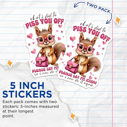 (2 Pack) Funny Squirrel Stickers - Humorous Animal Stickers - Joke Stickers for Laptops and Notebooks - 5" On Longest Side - Sticks to Smooth Flat Surfaces - Made in USA - BMCS4243