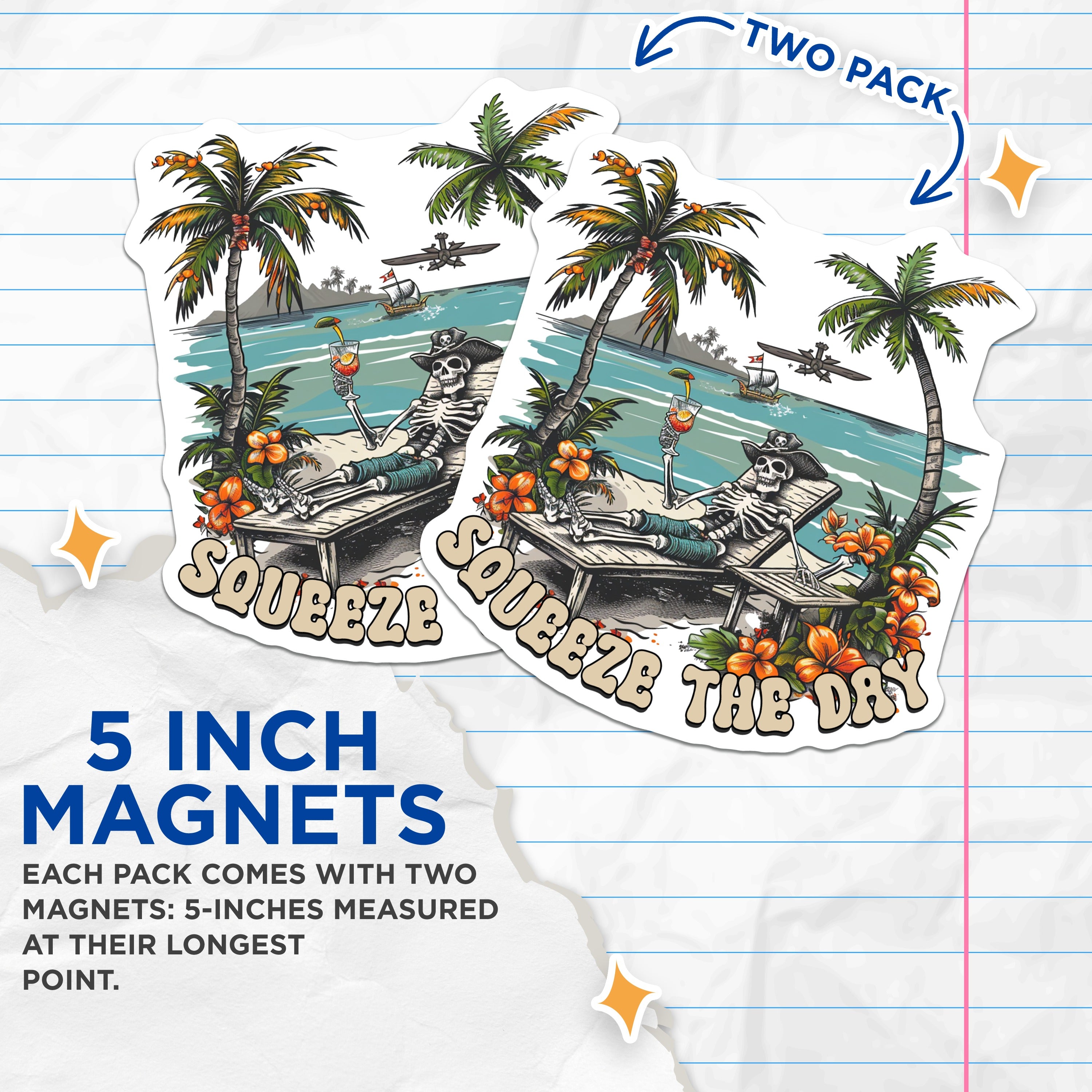 (2 Pack) Squeeze The Day Skeleton Magnets - Pirate Beach Vacation - Tropical Skull Fridge Locker Decor - 5 Inches On Longest Side - Thick Durable Magnet - Made in USA - MAG36420