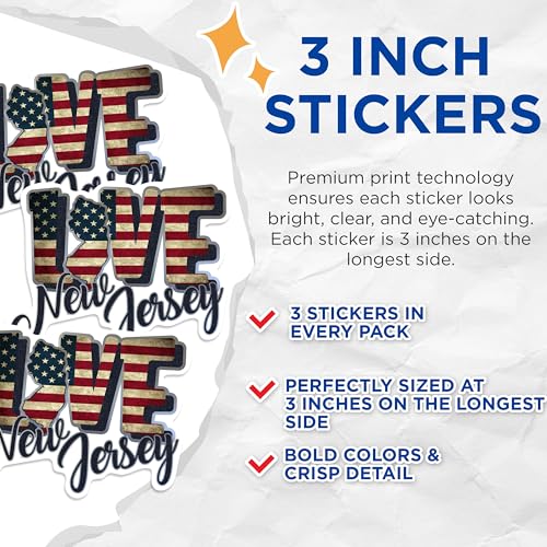 (3 Pack) New Jersey Love Decals - Patriotic State Decal - Jersey Pride - 3 Inches On Longest Side - Easy Peel & Apply - Made in USA - 3MCS0321