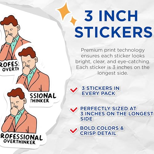 (3 Pack) Professional Overthinker Decals - Thinking Man Sticker - Funny Laptop Decal - 3 Inches On Longest Side - Easy Peel & Apply - Made in USA - 3MCS0558