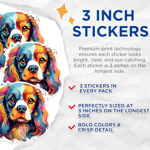 (3 Pack) Cavalier Spaniel Decals - Colorful Dog Breed - Laptop Decals - 3 Inches On Longest Side - Easy Peel & Apply - Made in USA - 3MCS0691