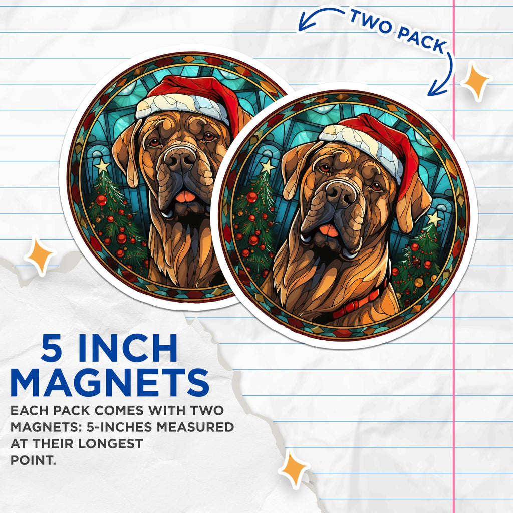 (2 Pack) Stained Glass Christmas Dog Magnets - Santa Hat Mastiff - Holiday Fridge Decor - 5 Inches On Longest Side - Thick Durable Magnet - Made in USA - MAG25727