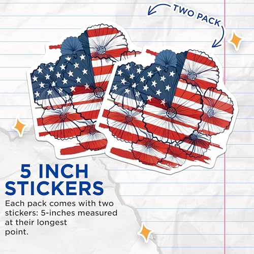 (2 Pack) Patriotic Flowers Stickers - USA Flag Sticker - Independence Day Decor - 5" On Longest Side - Sticks to Smooth Flat Surfaces - Made in USA - BMCS8987