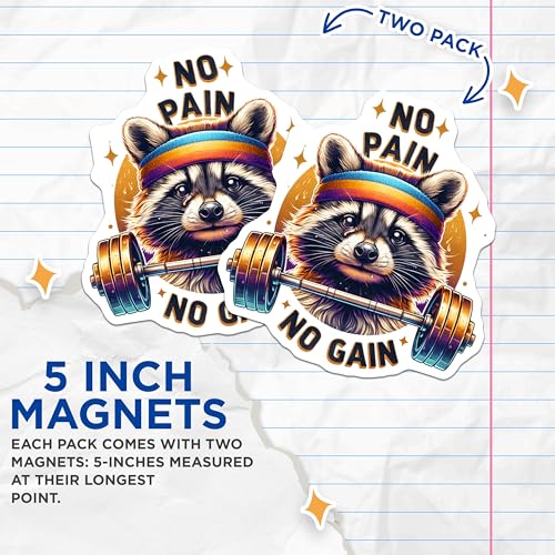 (2 Pack) Motivational Raccoon Magnets - Cute Animal Magnet - Fitness Enthusiast - 5" On Longest Side - for Cars, Fridges, Toolboxes - Made in USA - MAG4532