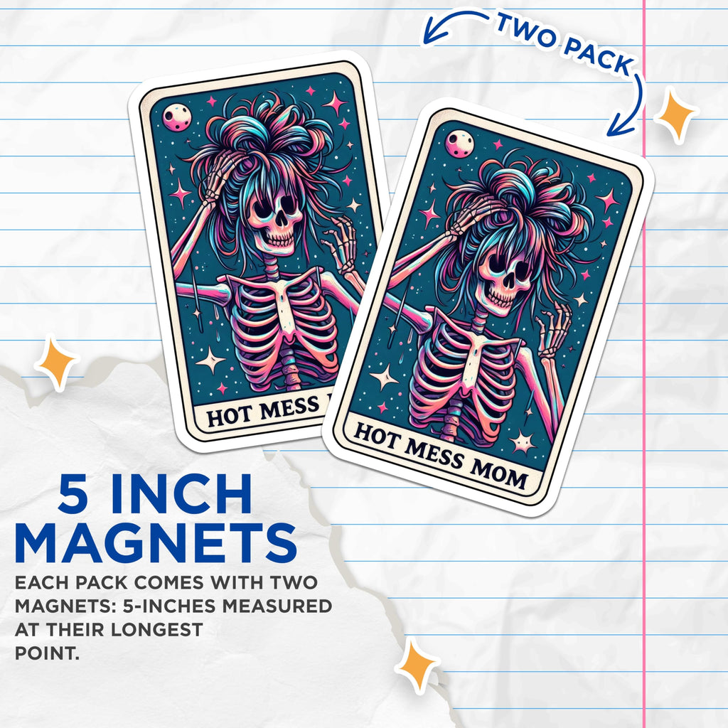 (2 Pack) Hot Mess Mom Life Skeleton Magnets - Vibrant Messy Hair - Humorous Refrigerator Decor for Her - 5 Inches On Longest Side - Thick Durable Magnet - Made in USA - MAG22804