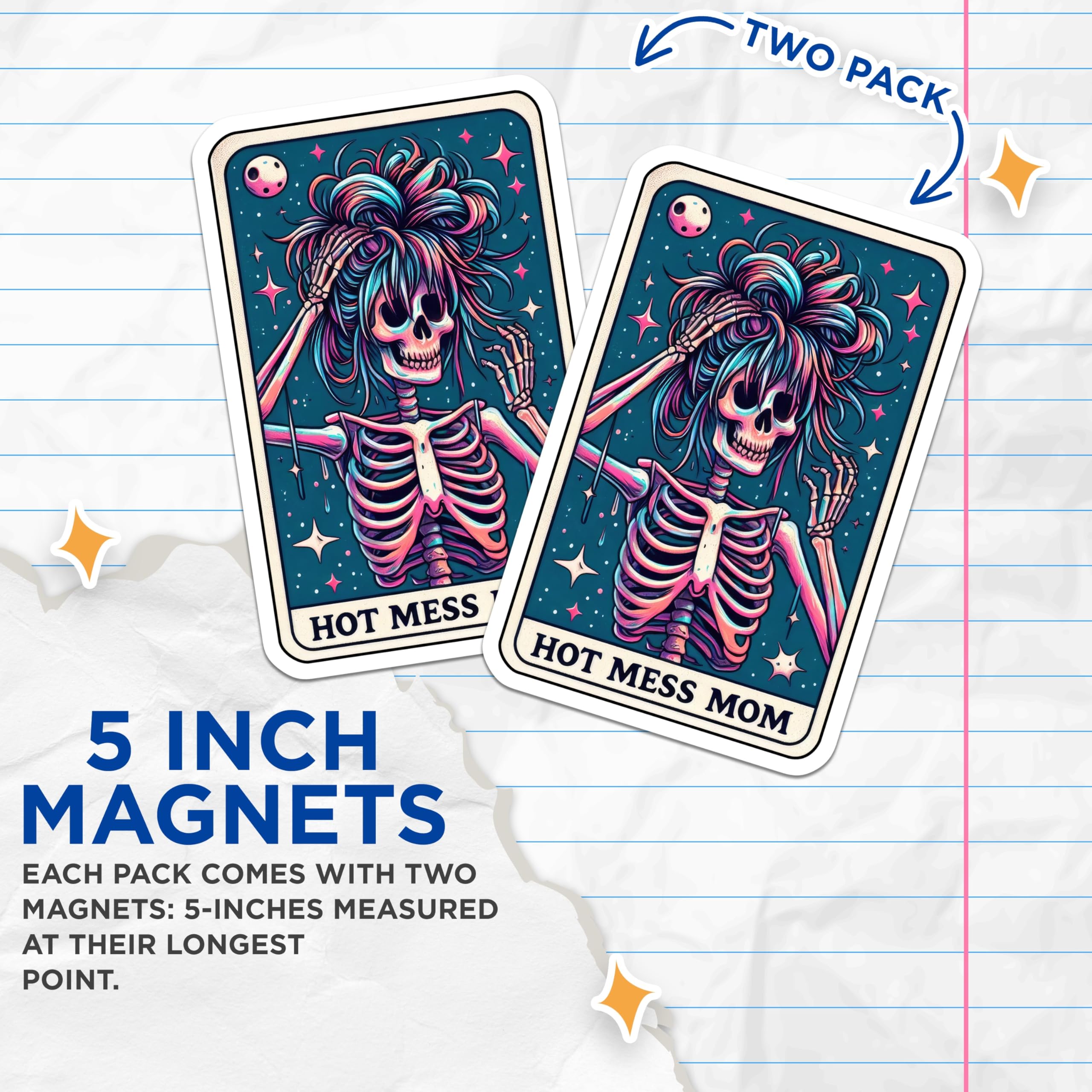 (2 Pack) Hot Mess Mom Life Skeleton Magnets - Vibrant Messy Hair - Humorous Refrigerator Decor for Her - 5 Inches On Longest Side - Thick Durable Magnet - Made in USA - MAG22804