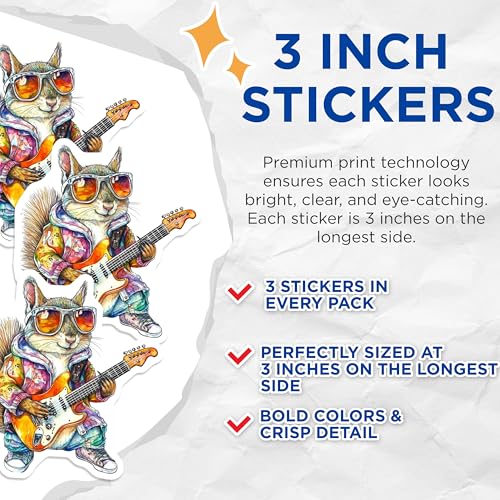 (3 Pack) Squirrel Guitarist Decals - Cool Animal Sticker - Laptop Decal - 3 Inches On Longest Side - Easy Peel & Apply - Made in USA - 3MCS8281