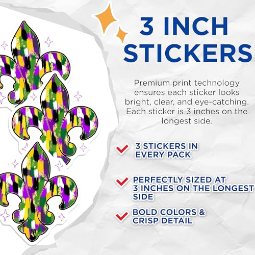 (3 Pack) Fleur de Lis Decals - Mardi Gras Decor - New Orleans Decal - 3 Inches On Longest Side - Easy Peel & Apply - Made in USA - 3MCS8653