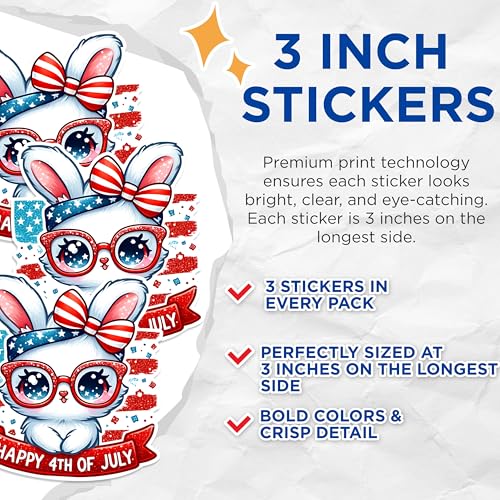 (3 Pack) 4th of July Bunny Decals - Patriotic Rabbit Stickers - Independence Day Decoration - 3 Inches On Longest Side - Easy Peel & Apply - Made in USA - 3MCS1531