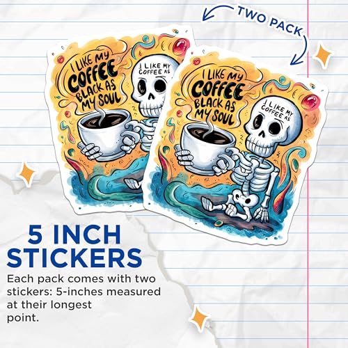 (2 Pack) Skeleton Coffee Lover Stickers - Funny Skeleton Artwork - Gothic Coffee Enthusiast - 5" On Longest Side - Sticks to Smooth Flat Surfaces - Made in USA - BMCS3737