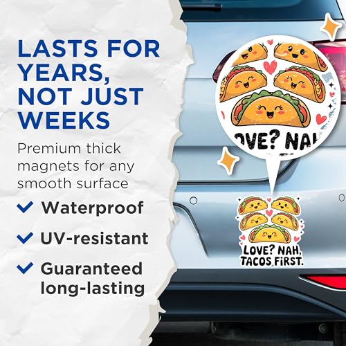 (2 Pack) Love Nah Tacos First Magnets - Cute Taco Magnets - Funny Kitchen Magnets- 5" On Longest Side - for Fridges, Toolboxes, Cars - Made in USA - MAG2998